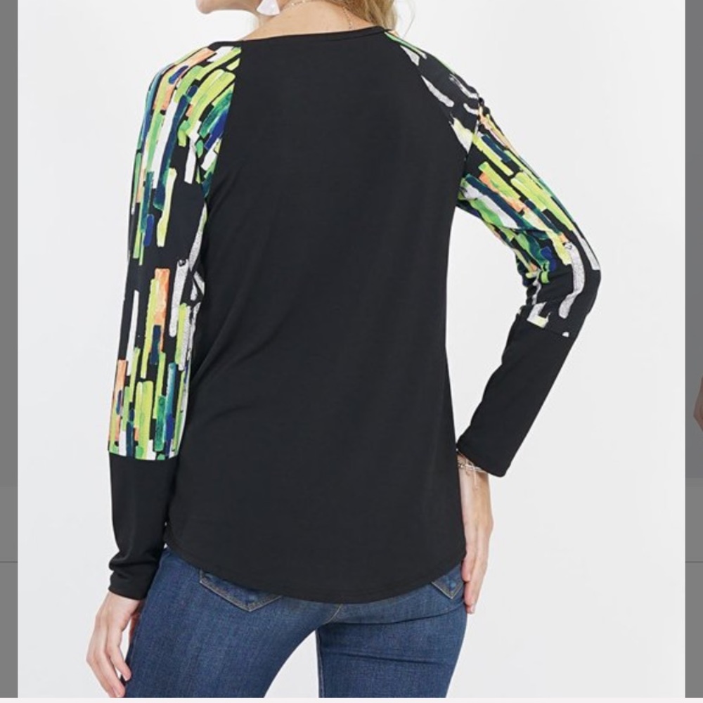 Black & Lime Geometric Raglan Top - Picture 2 of 4